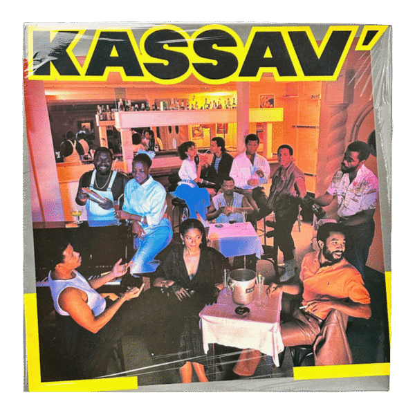 Album cover of Kassav', featuring a lively gathering of people in a vibrant setting, showcasing the band's Caribbean music influence and cultural celebration.