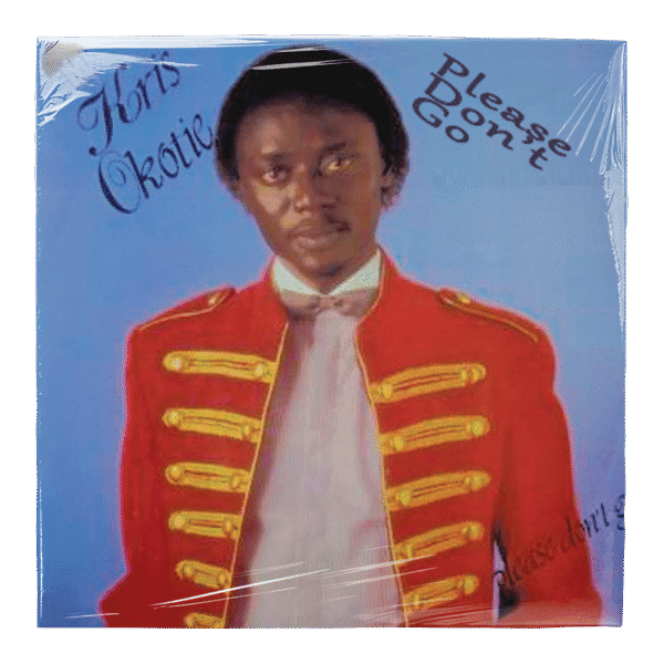 Album cover of artist Hurs Chokie featuring a man in a red military-style jacket with gold buttons, posing against a blue background. The title "Please Don't Go" is displayed prominently.